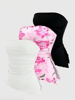 Women’s Strapless Swim Bandeau Top - Black, White, Pink Floral